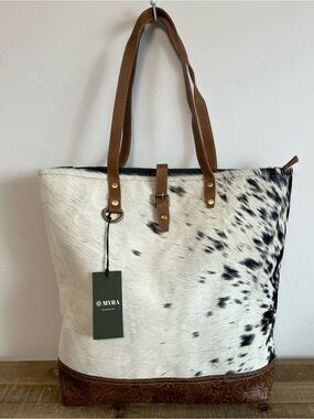 New Myra Bag Cowhide Leather Canvas Tote Handbag Western Chic Large gift idea